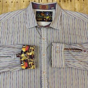 Robert Graham Striped Button Paisley Flip Cuff Shirt XL Herringbone Long Sleeve
